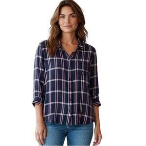 Banana Republic Women's  Blue and Pink Plaid Button-Down Shirt Blouse XL Top